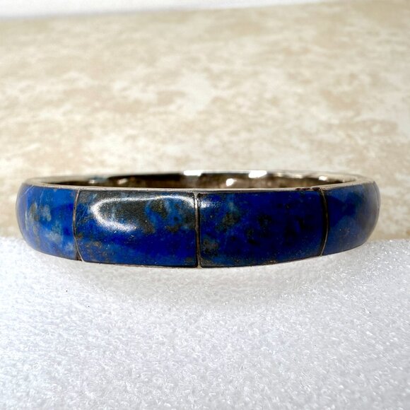 Vintage Fine 970 Silver Inlay Blue Lapis Lazuli Bangle Bracelet 26.5 Grams - Picture 4 of 8